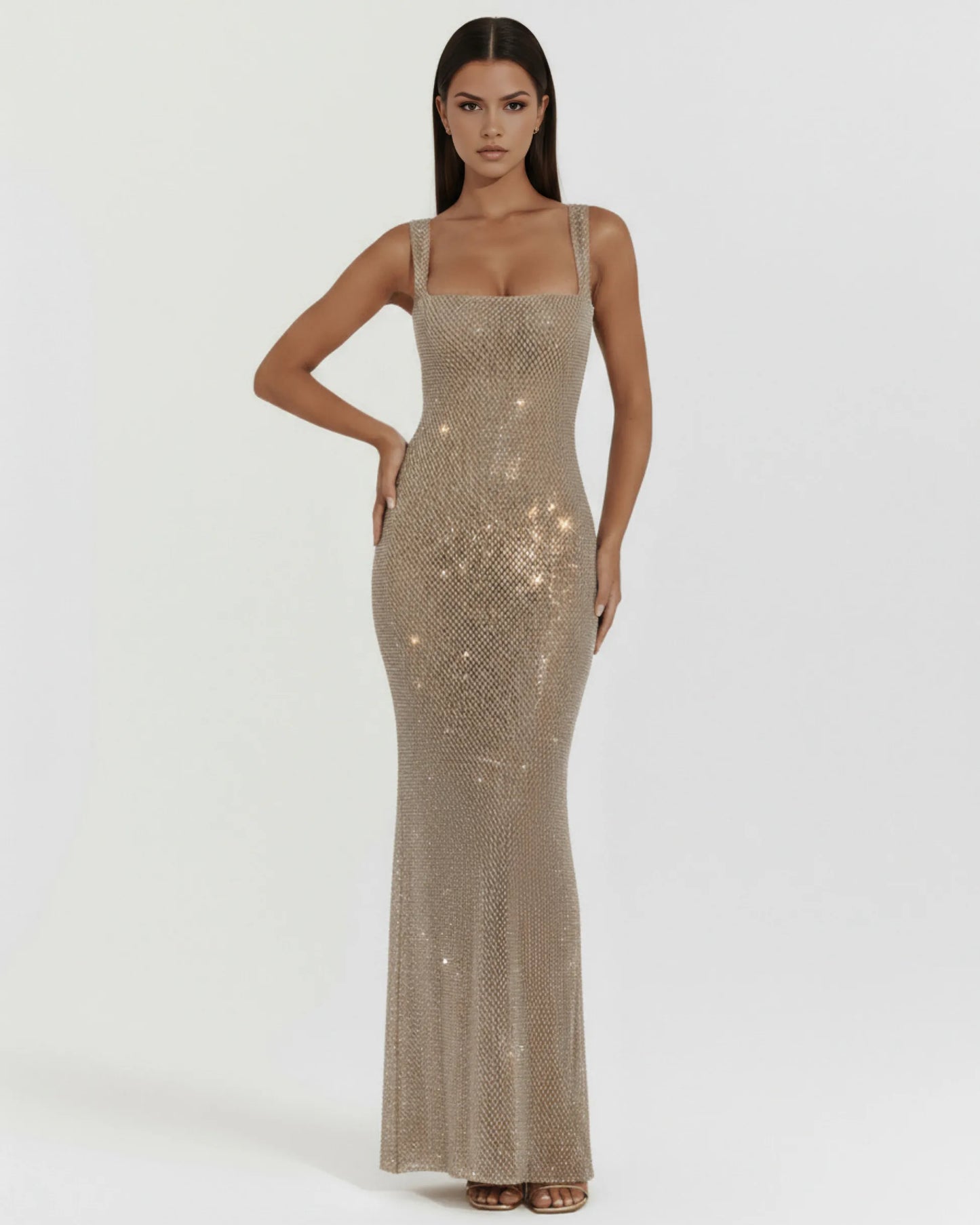 Vestido de Invitada de Boda Largo Elegante Brillante con Espalda Descubierta