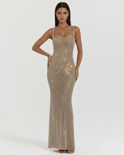 Vestido de Invitada de Boda Largo Elegante Brillante con Espalda Descubierta