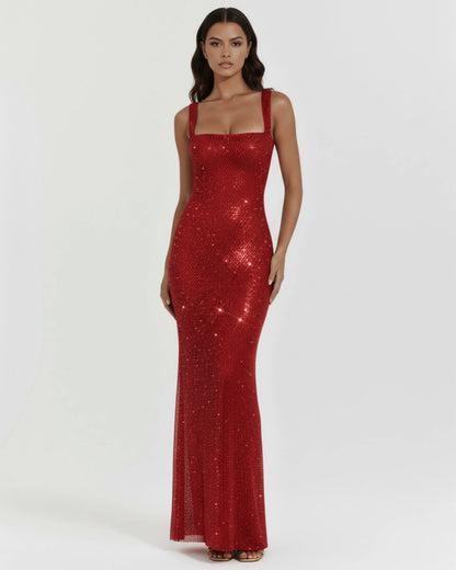 Vestido de Invitada de Boda Largo Elegante Brillante con Espalda Descubierta