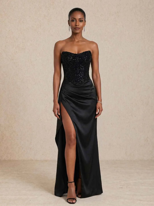 Vestido de Invitada de Boda Largo Elegante Brillante con Palabra de Honor