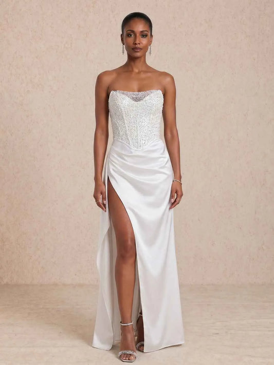 Vestido de Invitada de Boda Largo Elegante Brillante con Palabra de Honor
