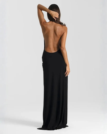 Vestido de Invitada de Boda Largo Elegante Cuello Halter con Espalda Descubierta