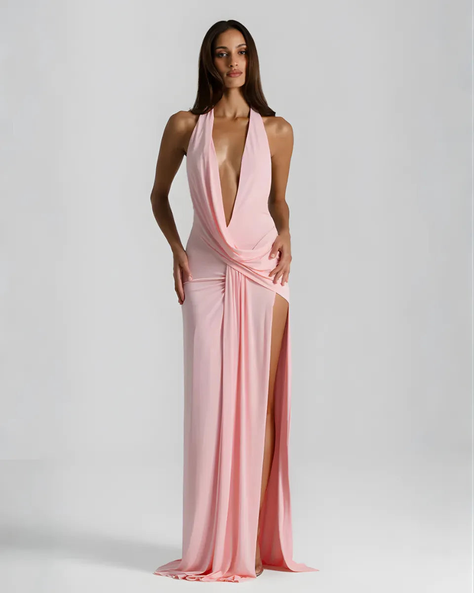 Vestido de Invitada de Boda Largo Elegante Cuello Halter con Espalda Descubierta