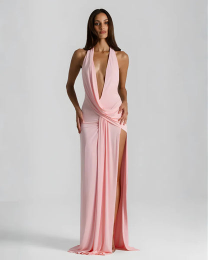 Vestido de Invitada de Boda Largo Elegante Cuello Halter con Espalda Descubierta