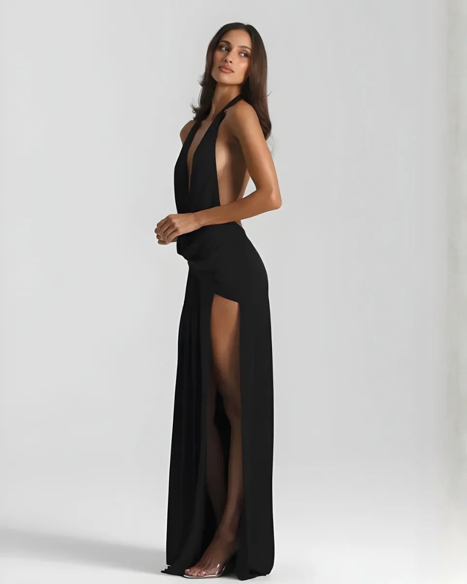 Vestido de Invitada de Boda Largo Elegante Cuello Halter con Espalda Descubierta