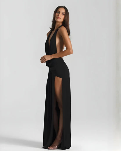 Vestido de Invitada de Boda Largo Elegante Cuello Halter con Espalda Descubierta