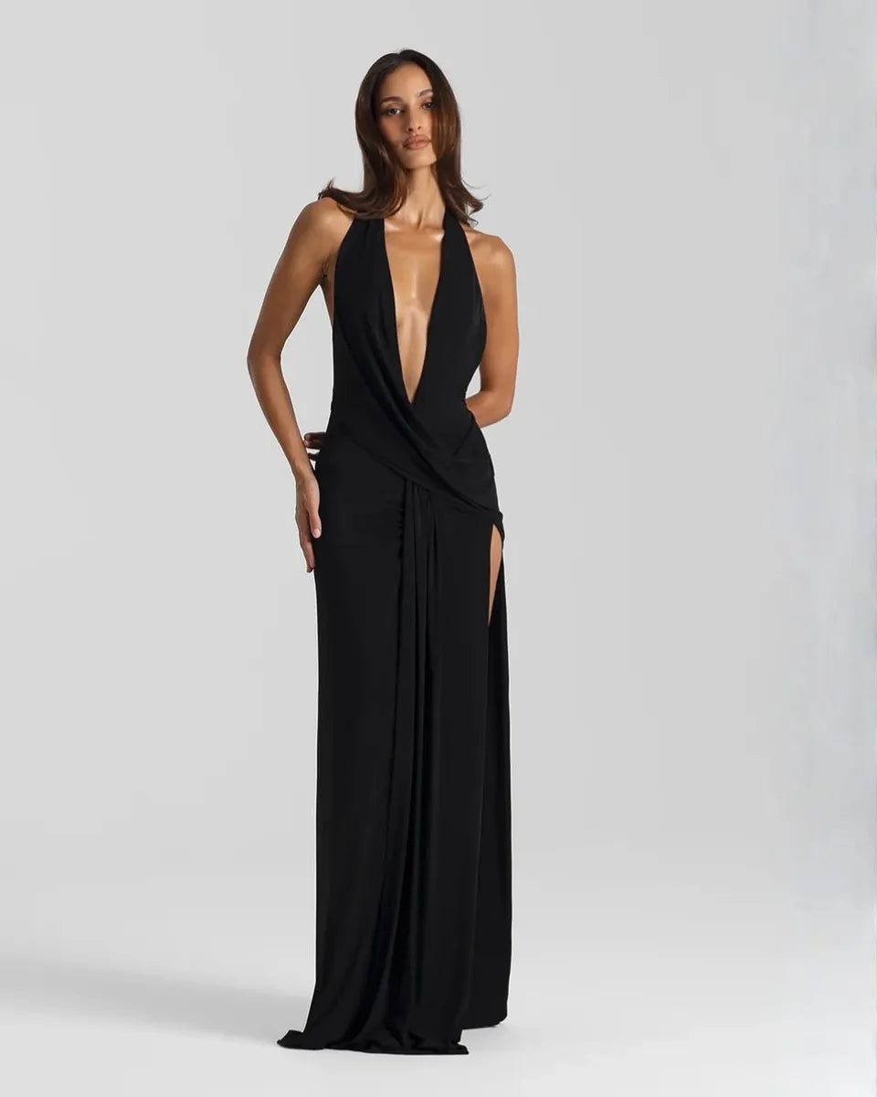 Vestido de Invitada de Boda Largo Elegante Cuello Halter con Espalda Descubierta