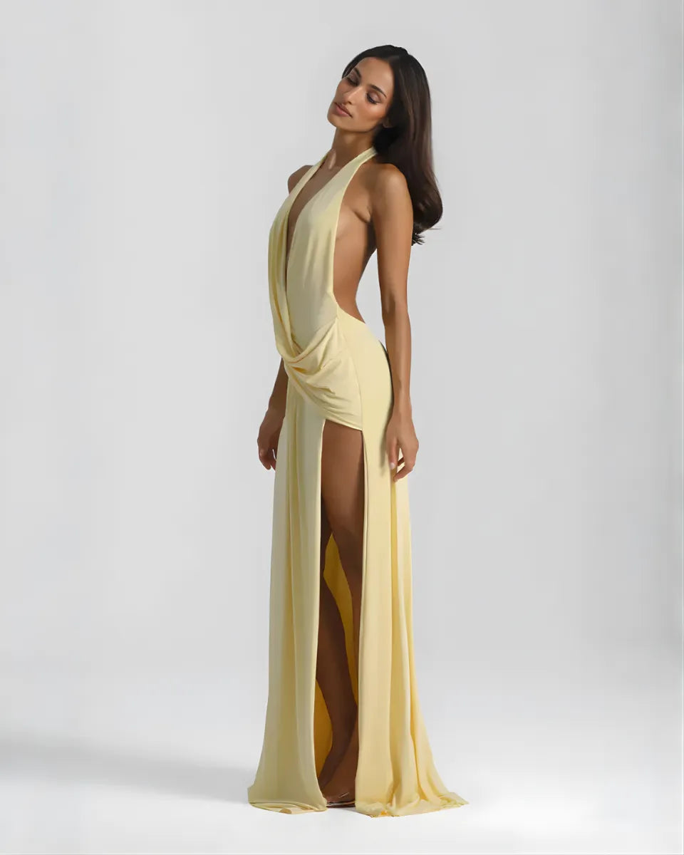 Vestido de Invitada de Boda Largo Elegante Cuello Halter con Espalda Descubierta