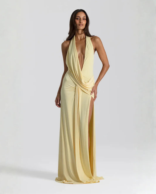 Vestido de Invitada de Boda Largo Elegante Cuello Halter con Espalda Descubierta