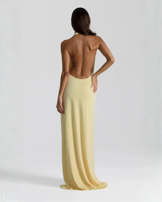 Vestido de Invitada de Boda Largo Elegante Cuello Halter con Espalda Descubierta