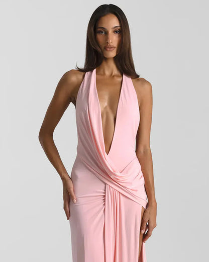 Vestido de Invitada de Boda Largo Elegante Cuello Halter con Espalda Descubierta