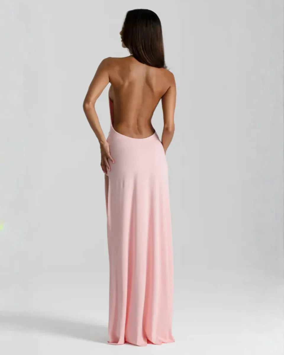 Vestido de Invitada de Boda Largo Elegante Cuello Halter con Espalda Descubierta