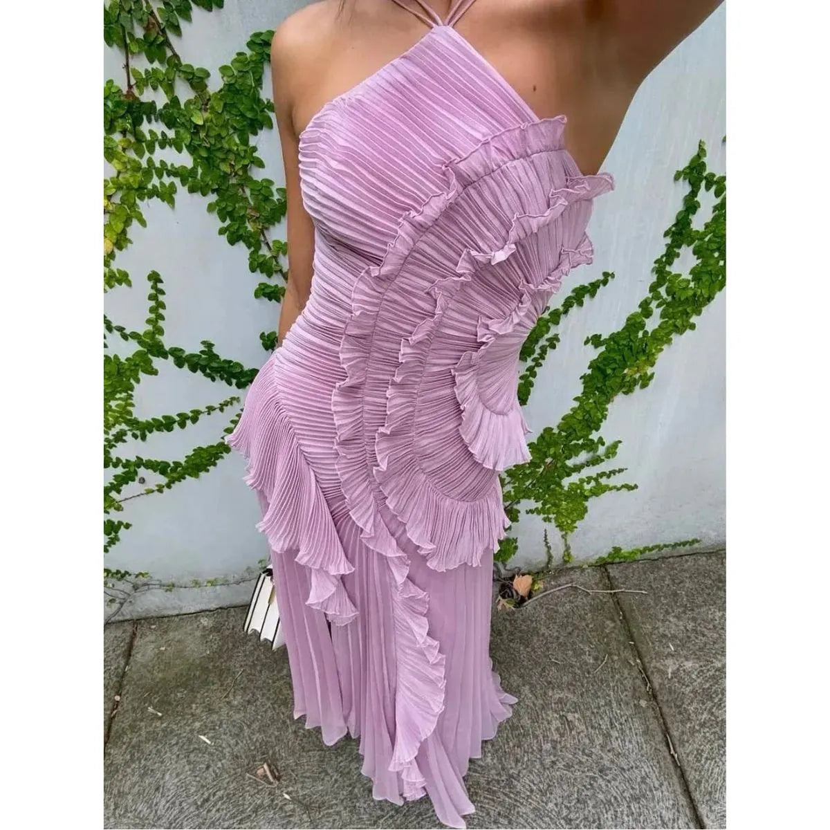 Vestido de Invitada de Boda Largo Elegante Delicado con Volantes