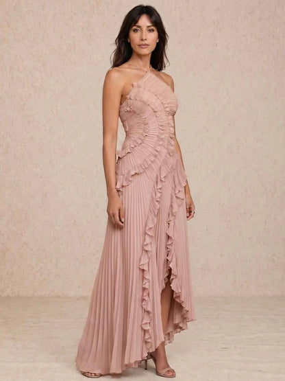 Vestido de Invitada de Boda Largo Elegante Delicado con Volantes