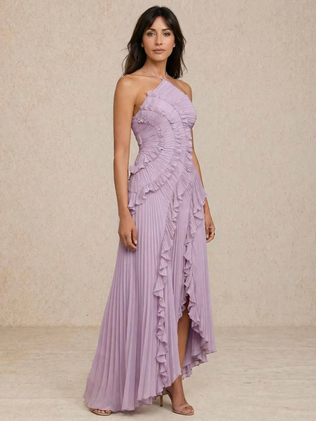 Vestido de Invitada de Boda Largo Elegante Delicado con Volantes