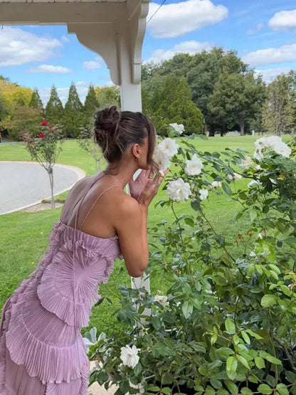 Vestido de Invitada de Boda Largo Elegante Delicado con Volantes