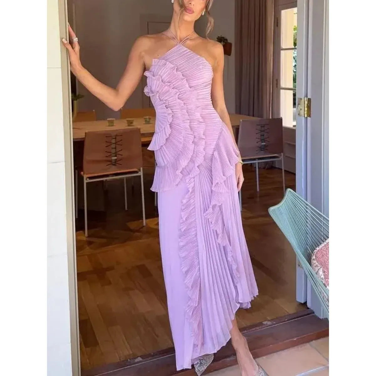 Vestido de Invitada de Boda Largo Elegante Delicado con Volantes