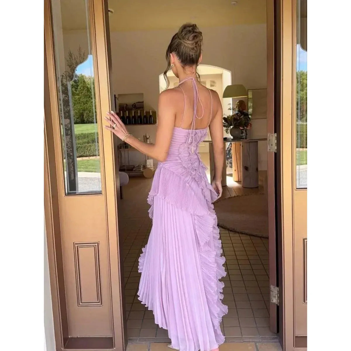 Vestido de Invitada de Boda Largo Elegante Delicado con Volantes