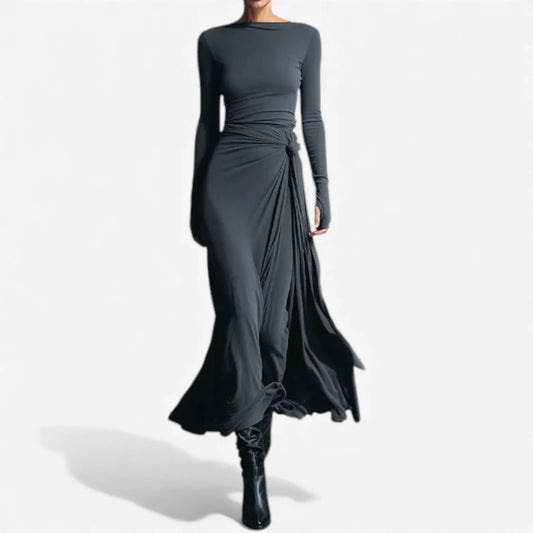 Vestido de Invitada de Boda Largo Elegante Drapeado con Manga Larga