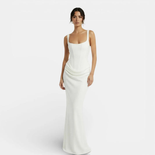 Vestido de Invitada de Boda Largo Elegante Espalda Descubierta con Drapeado