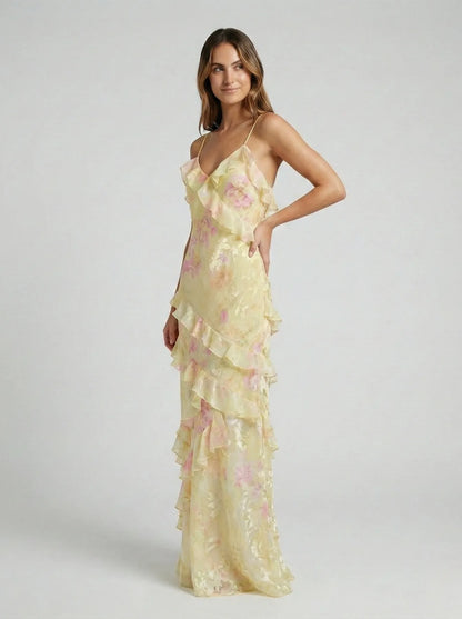 Vestido de Invitada de Boda Largo Elegante Espalda Descubierta  con Volantes