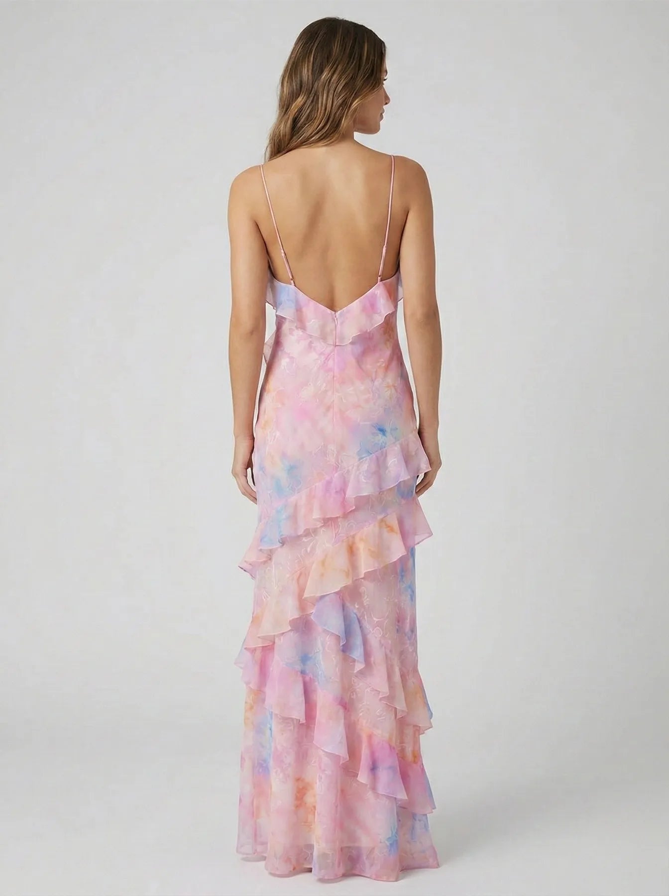 Vestido de Invitada de Boda Largo Elegante Espalda Descubierta  con Volantes