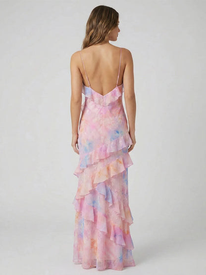 Vestido de Invitada de Boda Largo Elegante Espalda Descubierta  con Volantes