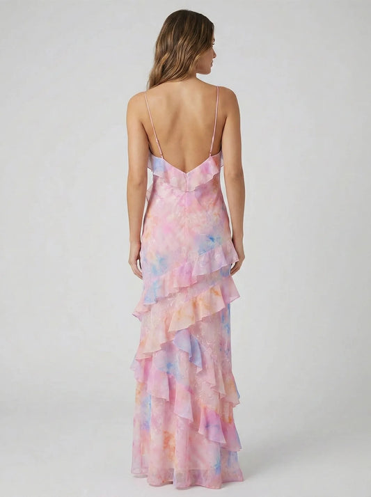 Vestido de Invitada de Boda Largo Elegante Espalda Descubierta  con Volantes