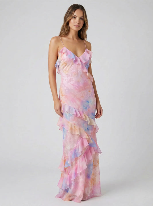 Vestido de Invitada de Boda Largo Elegante Espalda Descubierta  con Volantes