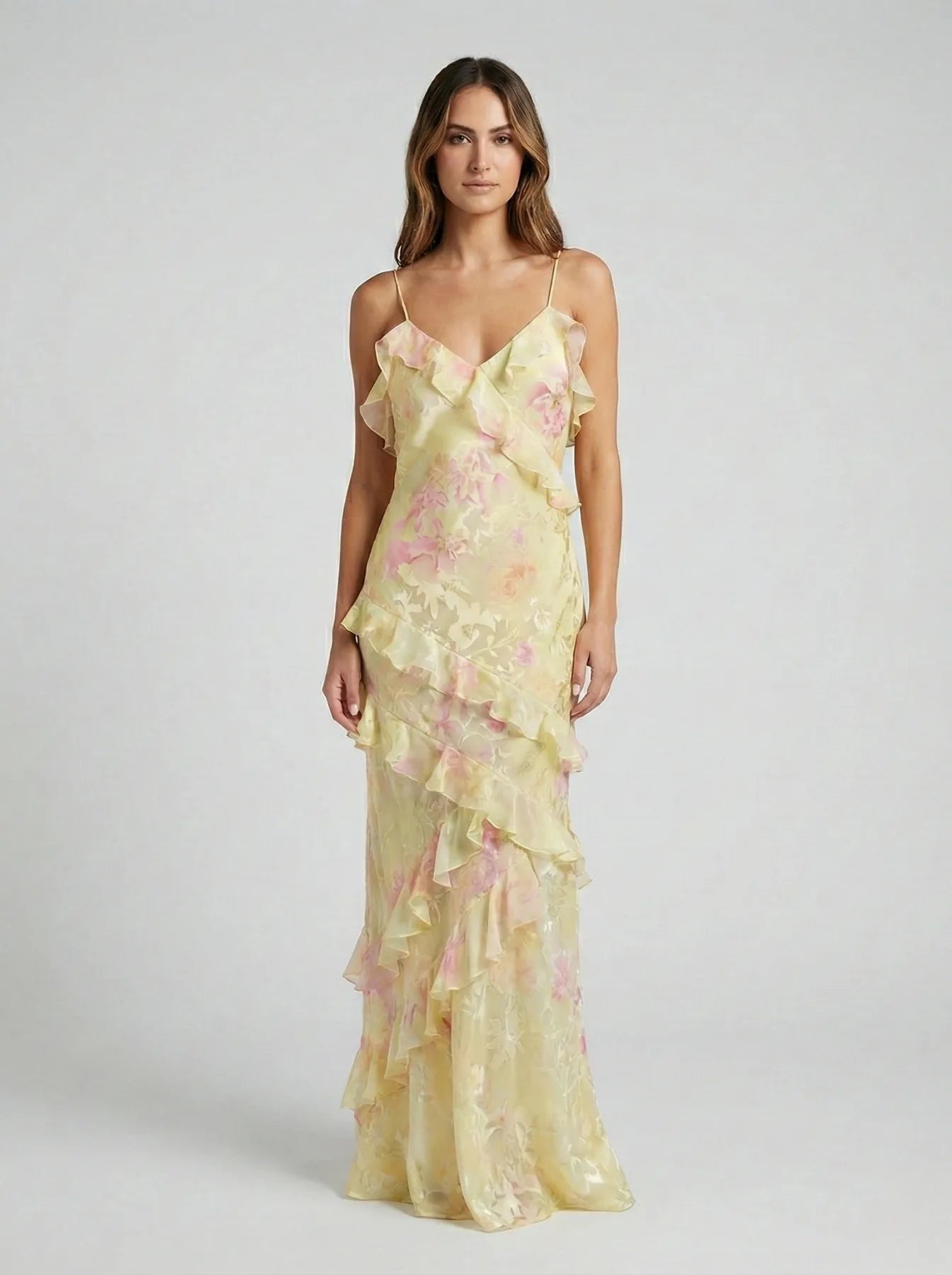 Vestido de Invitada de Boda Largo Elegante Espalda Descubierta  con Volantes