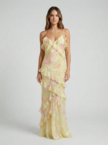 Vestido de Invitada de Boda Largo Elegante Espalda Descubierta  con Volantes