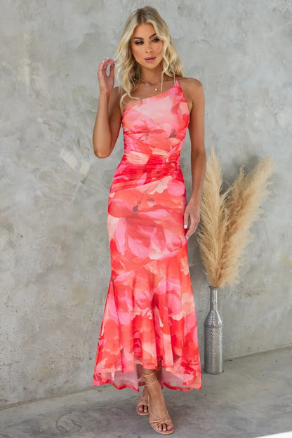 Vestido de Invitada de Boda Largo Elegante Estampado con Asimétrico