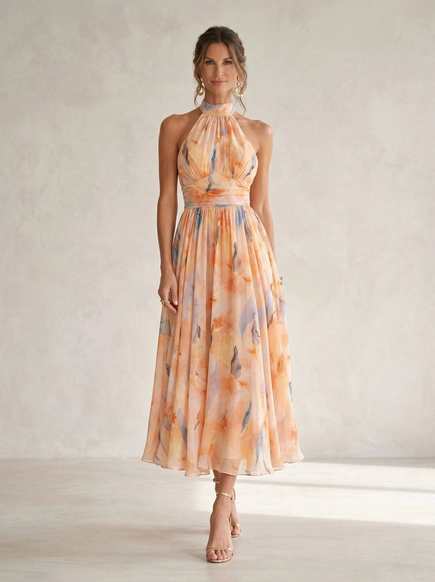 Vestido de Invitada de Boda Largo Elegante Estampado con Cuello Halter