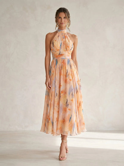 Vestido de Invitada de Boda Largo Elegante Estampado con Cuello Halter