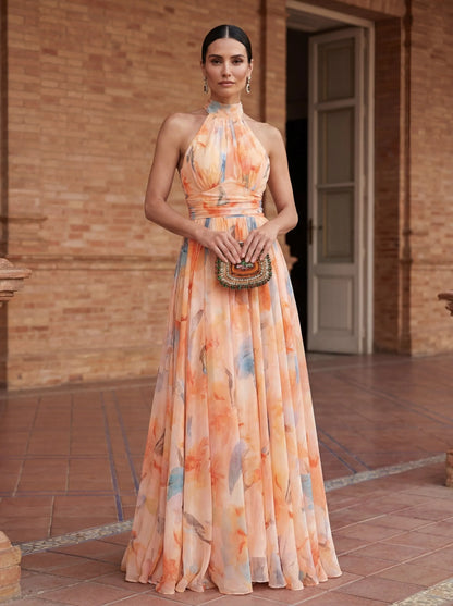Vestido de Invitada de Boda Largo Elegante Estampado con Cuello Halter