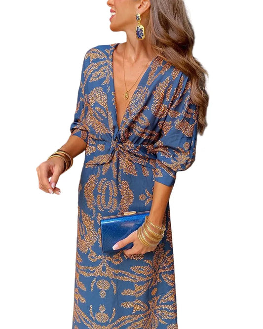 Vestido de Invitada de Boda Largo Elegante Estampado con Cuello en V