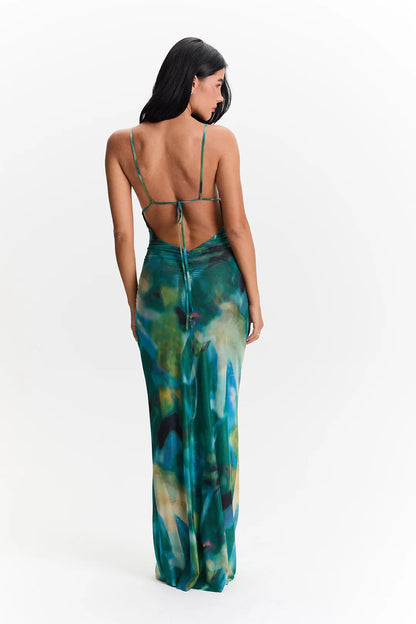 Vestido de Invitada de Boda Largo Elegante Estampado con Espalda Descubierta