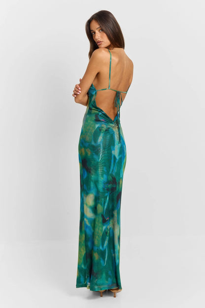 Vestido de Invitada de Boda Largo Elegante Estampado con Espalda Descubierta