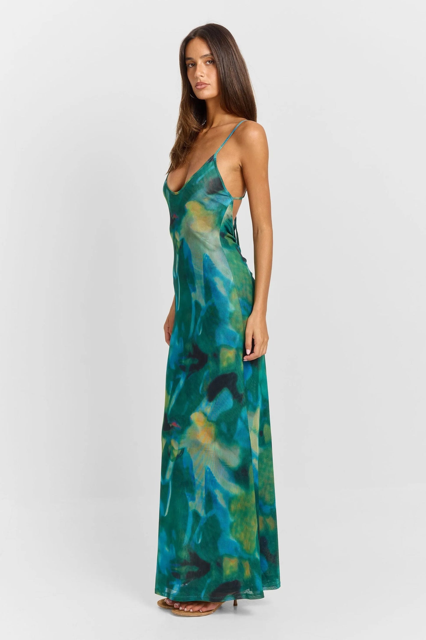 Vestido de Invitada de Boda Largo Elegante Estampado con Espalda Descubierta