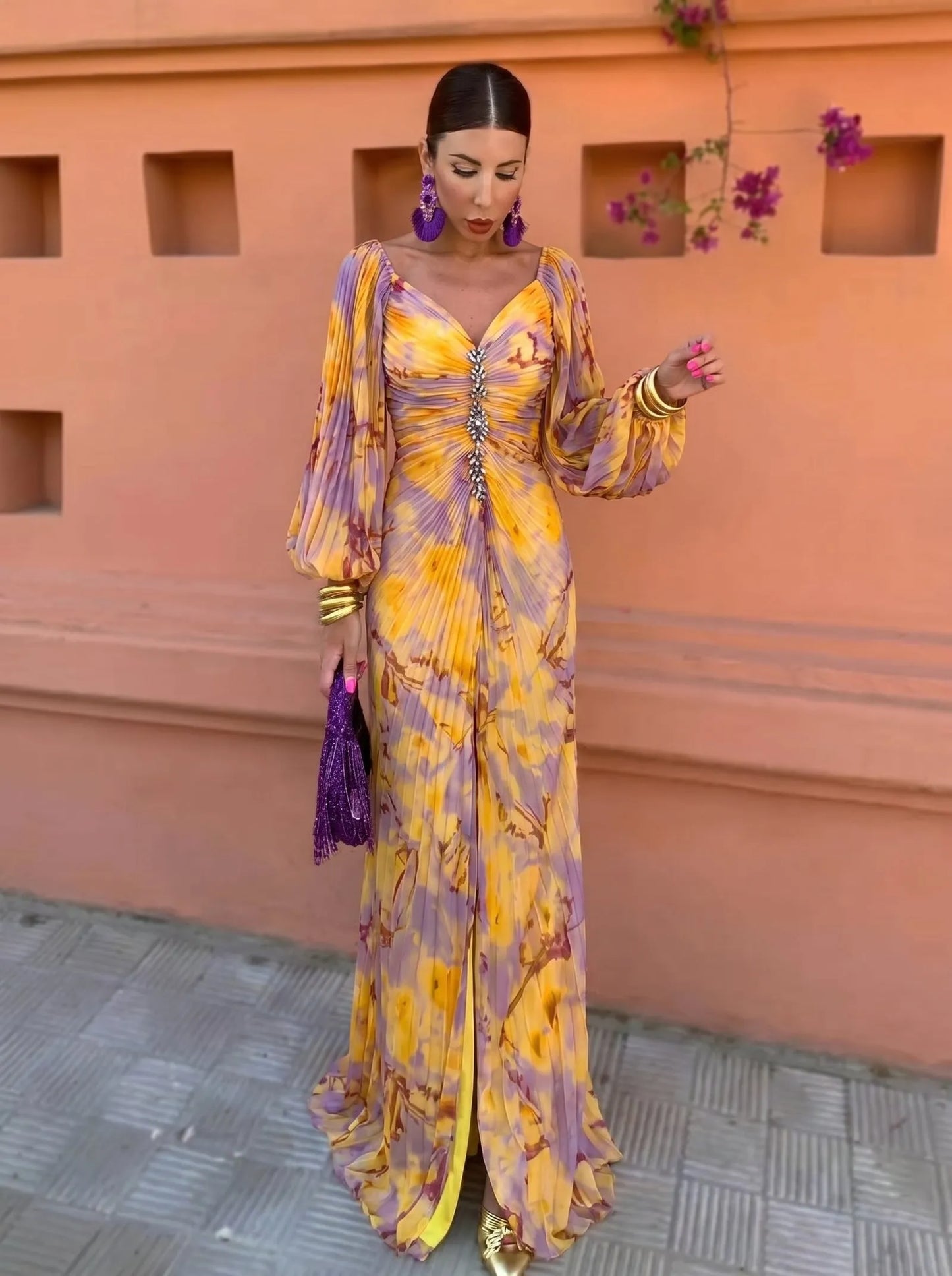 Vestido de Invitada de Boda Largo Elegante Estampado con Plisado
