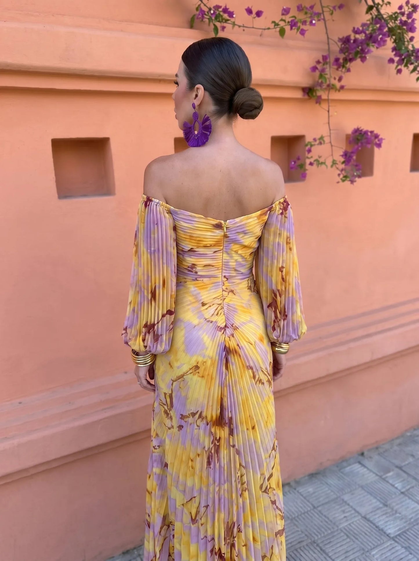 Vestido de Invitada de Boda Largo Elegante Estampado con Plisado