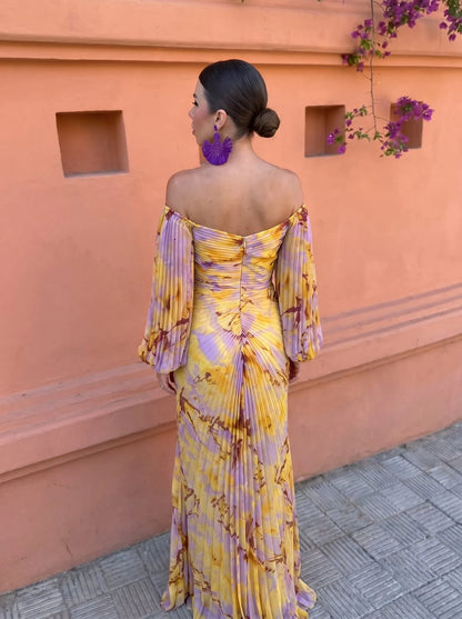 Vestido de Invitada de Boda Largo Elegante Estampado con Plisado