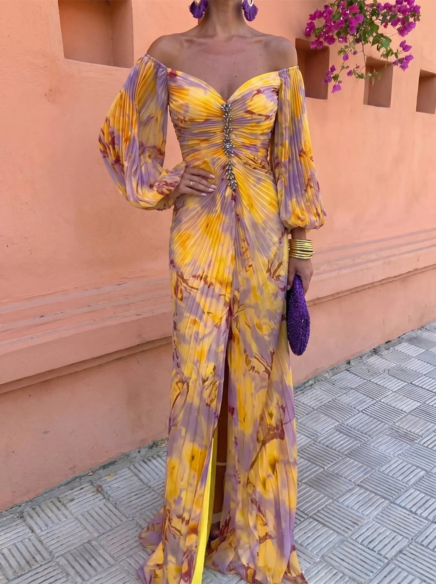 Vestido de Invitada de Boda Largo Elegante Estampado con Plisado