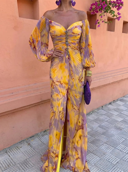 Vestido de Invitada de Boda Largo Elegante Estampado con Plisado