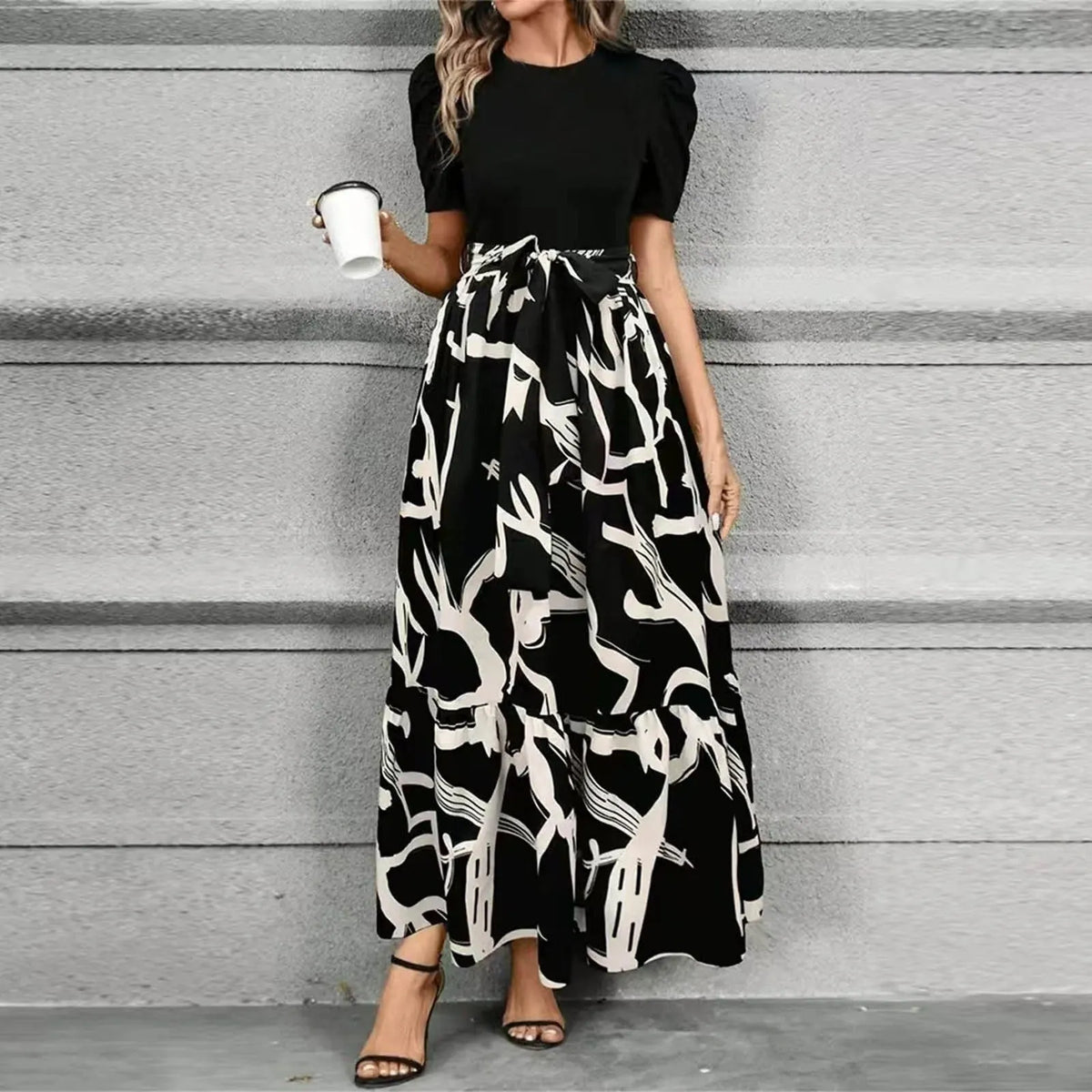 Vestido de Invitada de Boda Largo Elegante Estampado con Volantes