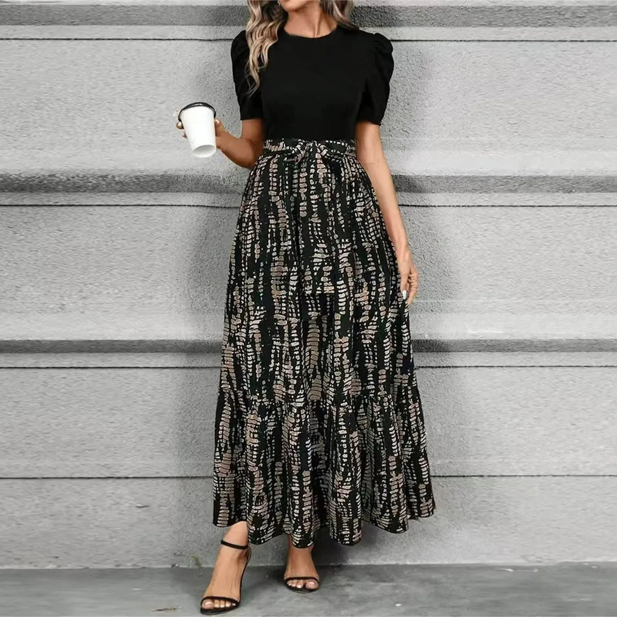Vestido de Invitada de Boda Largo Elegante Estampado con Volantes
