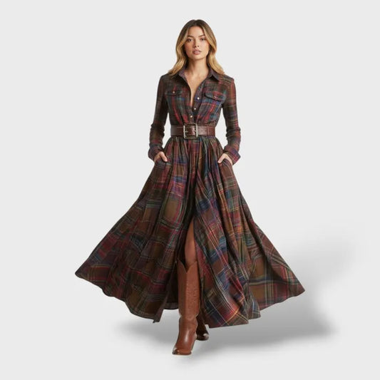 Vestido de Invitada de Boda Largo Elegante Estampado de Cuadros con Manga Larga