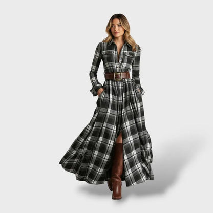 Vestido de Invitada de Boda Largo Elegante Estampado de Cuadros con Manga Larga