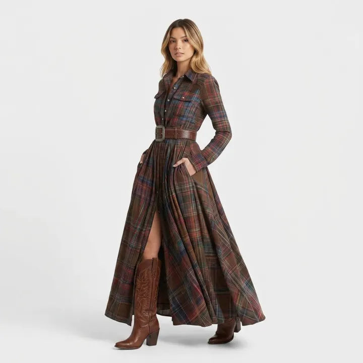 Vestido de Invitada de Boda Largo Elegante Estampado de Cuadros con Manga Larga