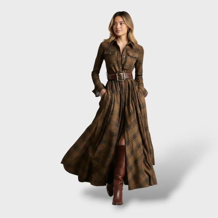 Vestido de Invitada de Boda Largo Elegante Estampado de Cuadros con Manga Larga